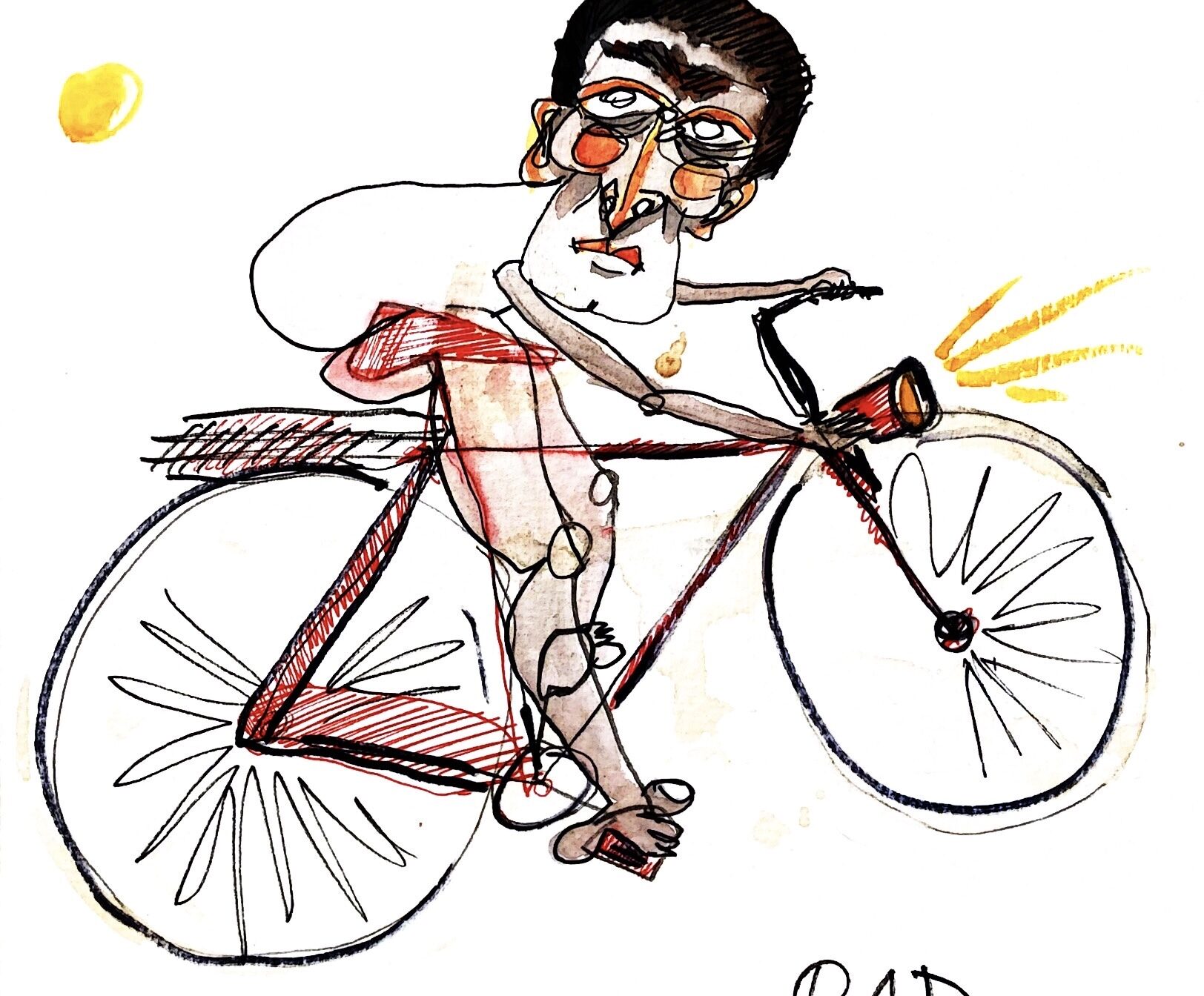 „RAD“ — Zeichnung von Simon Schaugg, Aquarell und Tusche, 2023: eine langgliedrige Figur auf einem roten Rennrad, von der Seite gesehen.